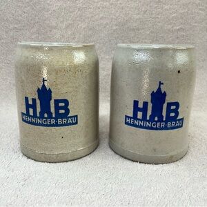 Vintage Henninger-Brau Stoneware Steins Set of 2 Frankfurt, Germany VTG Pottery